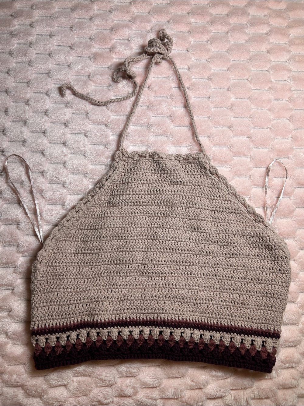 Handmade Crochet Halter Top in Taupe with Brown Trim